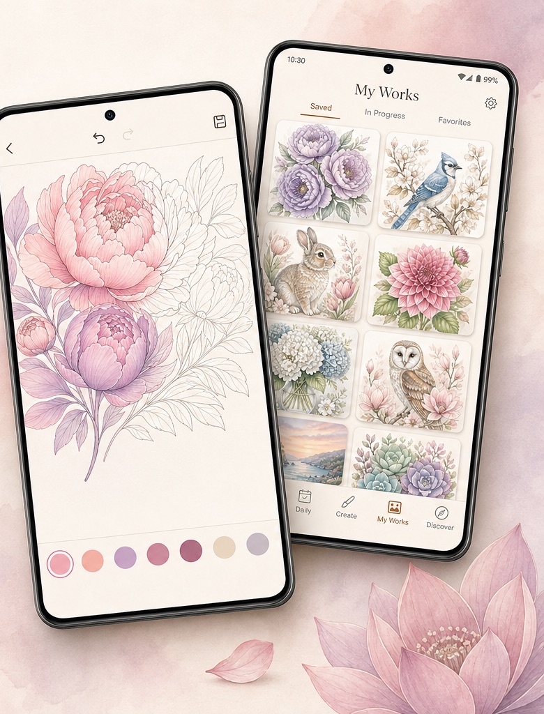 Lumi Color Android app on Google Play — coloring studio and saved artwork.